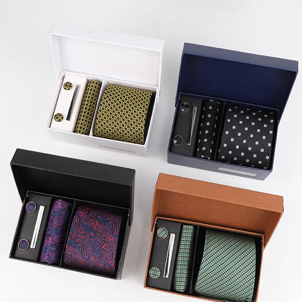 Модный мужской галстук комплекты подарки мужская мода с карманом квадратная коробка мужские галстуки и носовой платок комплект запонки для свадеб, деловые,