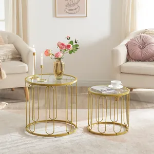 Venta al por mayor de mesa de centro de cristal dorado de anidamiento redondo moderno para sala de estar, Juego de 2 mesas centrales, mesa auxiliar lateral apilable con almacenamiento