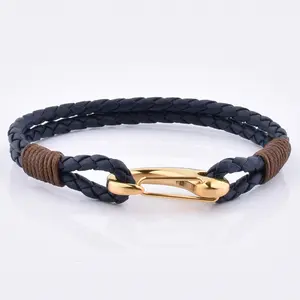 Fashion Hot Personalized Men'S Braided Clasp Leather Titanium Steel Gold Buckle Bracelets