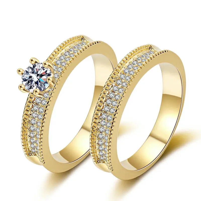 Grosir Cincin Pernikahan Emas Berlapis 24K Pasangan Zirkon Set Perhiasan Pernikahan Cincin Pertunangan