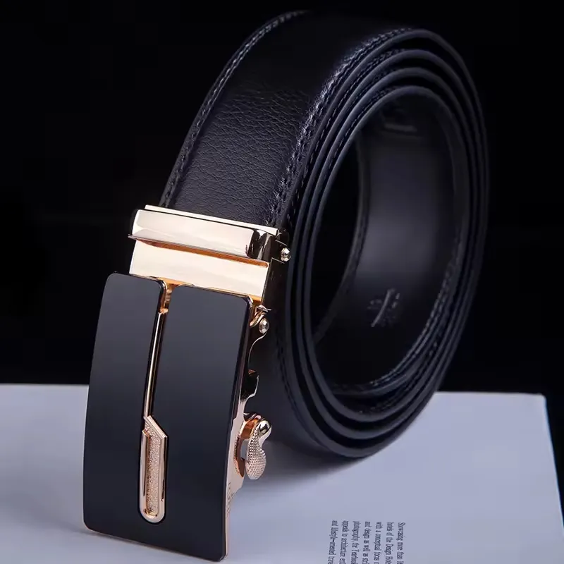 Hot Sale Male Belts Business Genuine Leather Ratchet Dress Belts Classics Vintage Automatic Gold Buckle Men Belt