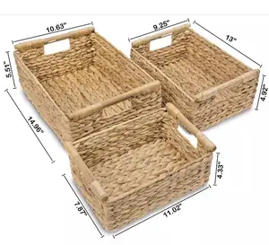 Набор из 3 плетеных прямоугольных корзин с деревянными ручками для полок, корзины для хранения водяных гиацинтов, натуральные водоросли для организации