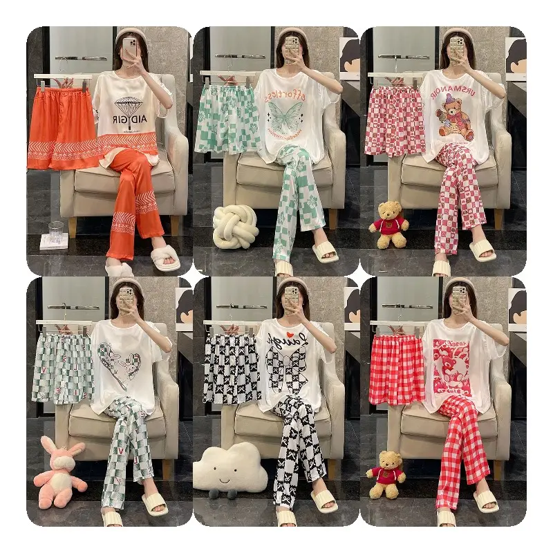 Pijamas de satén de 3 piezas, conjunto estampado, Pijamas para niñas, Mujer, familia personalizada, tela corta de seda, mujeres para inventario de pijama