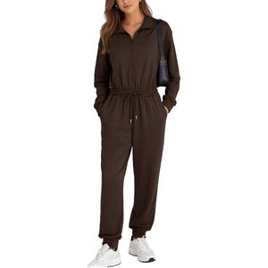 Mono de mujer de manga larga, de una pieza, cintura alta, estilo jogger, cuello simulado, informal, para estar en casa, con bolsillos, transpirable, para uso diario - Product Image 1