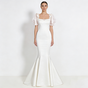 <span class=keywords><strong>Robes</strong></span> de soirée et de mariée pour femmes, col carré, manches courtes bouffantes, en satin, avec <span class=keywords><strong>d</strong></span>étail nœud, ourlet sirène, longueur maxi, pour occasions formelles - Product Image 5