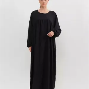 Full sleeve O neck casual solid pocket dress Simple abaya designs picture Women's abayas
