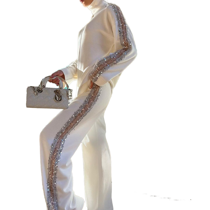 Office Women's Ordinary Autumn 2025 Sequin Stitching Top High Neck Loose Straight Pants Two-Piece Set Women's Elegant Pants Suit