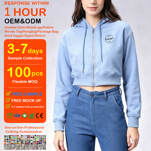 Women's 330Gsm Soft Cozy Fleece <b>Zip</b> Hoodie Custom High Quality 3D Embroidery Drawstring Gym Sports <b>Crop</b> Top Hoodie - Product Image 1