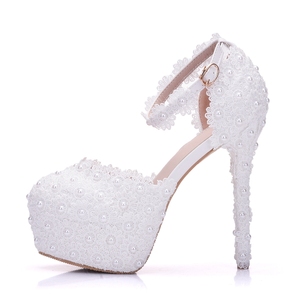 BS048 <span class=keywords><strong>scarpe</strong></span> da <span class=keywords><strong>sposa</strong></span> con plateau con tacchi alti in pizzo bianco <span class=keywords><strong>scarpe</strong></span> da <span class=keywords><strong>sposa</strong></span> con tacco alla caviglia da donna sandali da damigella - Product Image 2