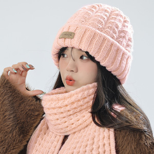 Knitted Hat And Scarf Set Women Winter Warm Neck Protection Off White Black Pink Red Gray Burgundy White Dark Brown 2 Piece - Product Image 2