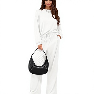 Women's <b>White</b> <b>Long</b> Sleeve Sweater <b>Top</b> Wide Leg Pants Loose Fit Casual Lounge Set O-Neck Knitted Full Length Solid Color 35% - Product Image 5