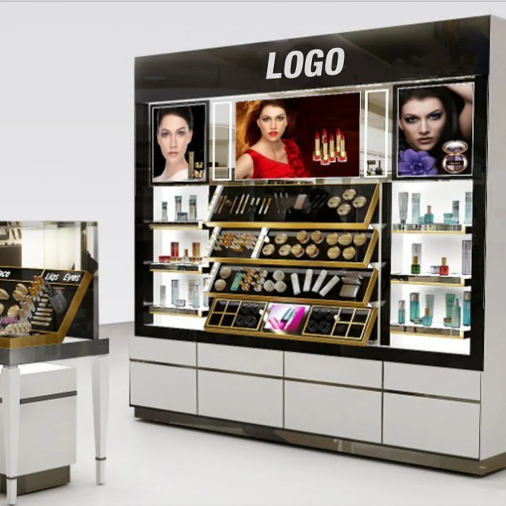 Cosmetic product store shelf display wall mounted furniture designs with front showcase