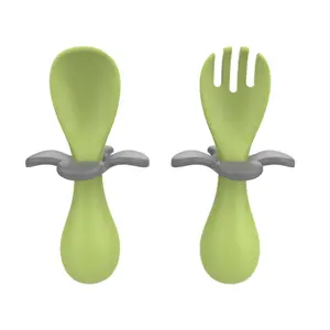Grosir Set peralatan makan anak-anak, ramah lingkungan, sendok latihan, sendok dan garpu silikon bayi