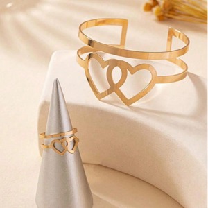 Gold double heart hollow fashion <b>bracelet</b> ring <b>set</b> simple geometric fashion hand jewelry - Product Image 3