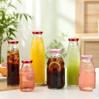 Bouteilles en verre rondes transparentes pour boissons, lait, jus, café, avec couvercle rose, logo personnalisable, 250 ml, 300 ml, 500 ml