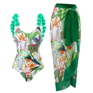 2023 New Appliques Green Floral Print One Piece Swimsuit and Sarong 2PCS Set for Women Ruffle Strap Beachwear Cover Up Skirt