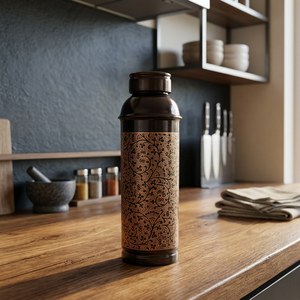 Premium Black Laser Etched Pure Copper Water Bottle 950ml Floral Vine Pattern Ayurvedic Flask Dual Tone Sports Metal Drinkware - Product Image 1