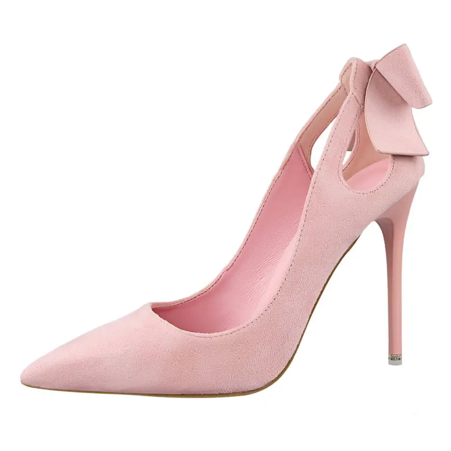3168-1 Korean version of the sweet beauty high heel stiletto was thin high-heeled suede shallow mouth pointed hollow bow shoes
