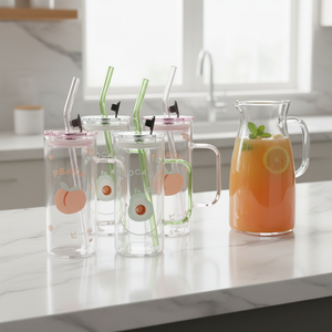 Mug en verre à motif <span class=keywords><strong>de</strong></span> fruits 450 ml avec poignée et paille en verre, tasse à boire en borosilicate pour jus - Product Image 1