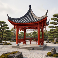 Kit de pavillon en bois de style chinois rouge vermillon personnalisé, gazebo traditionnel en bois d'inspiration asiatique avec frise en treillis et bancs intégrés