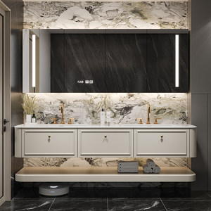 Modern Solid Stone Slab Seamless Integrated Basin Smart <b>Mirror</b> Solid Wood Lacquered Melamine Board Bathroom Cabinet - Product Image 1