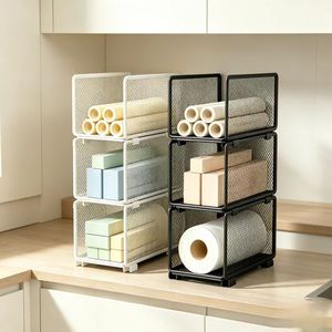 Étagère de rangement de cuisine à 3 niveaux en métal, organiseur de bureau pour essuie-tout, film alimentaire, rangement pour armoire de cuisine - Product Image 1