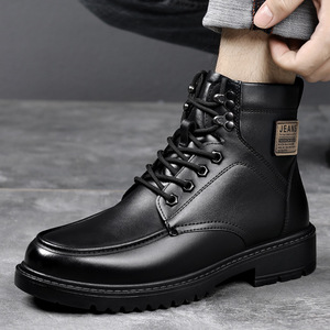 Bottes d'hiver pour hommes en cuir véritable, bout rond, doublure en fourrure, semelle extérieure en caoutchouc antidérapante, bottes de neige - Product Image 2