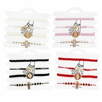 Set Gelang Kristen dengan Liontin Salib, Tali Anyaman Berhiaskan Rhinestone, Gelang Religius, Perhiasan Hadiah Grosir untuk Wanita dan Pria
