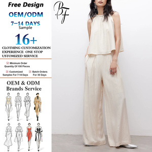 Set Chic Personalizzato per <span class=keywords><strong>Donna</strong></span>: Top in <span class=keywords><strong>Lino</strong></span> con Collo all'Americana e Pantaloni Larghi Plissettati - Servizio OEM/ODM - Product Image 1