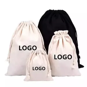 Custom logo draw string bag calico muslin cotton canvas drawstring bag with cotton string for gift storage