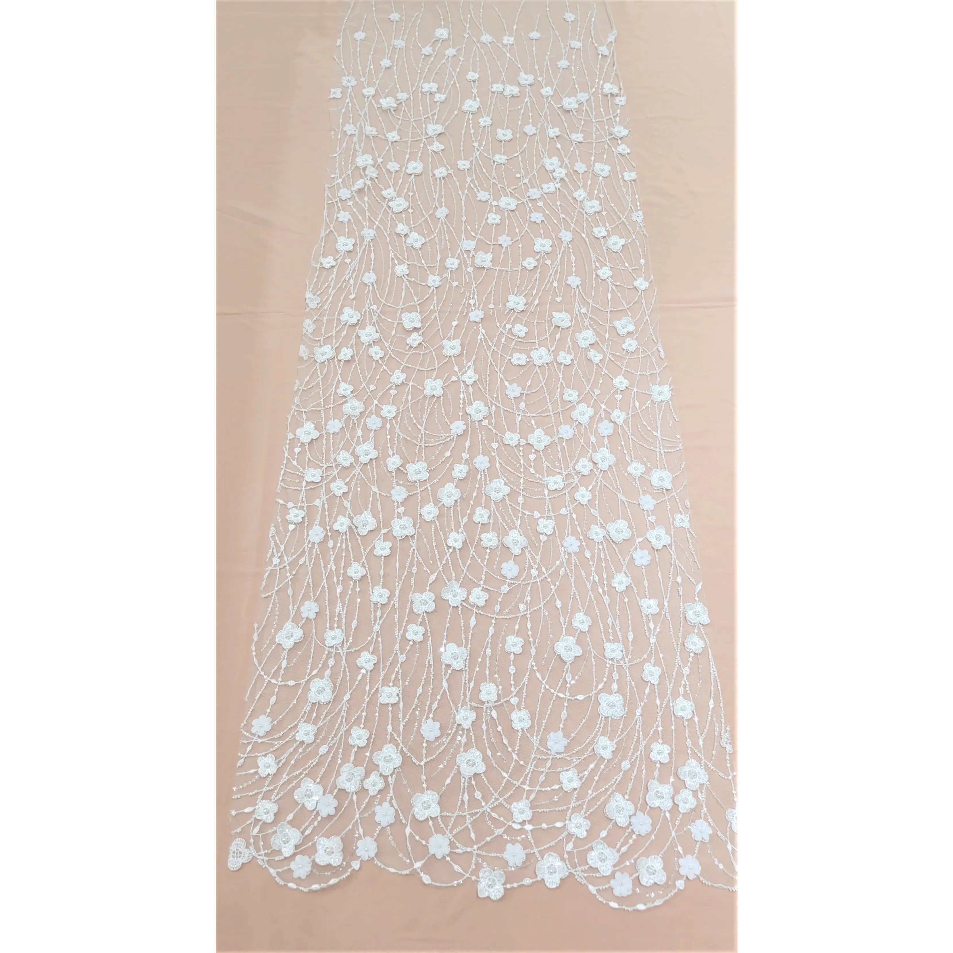 High quality 3D Flower beading Lace Fabric for wedding dress evening dress with ivory beads and sequins Factory supply directly