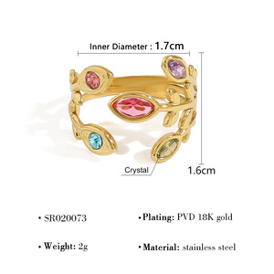 18K Gold Plated Stainless Steel <b>Adjustable</b> <b>Ring</b> New Rainbow Zirconia Leaf Design for Wedding Engagement Party Anniversary - Product Image 5