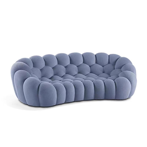 Set di Divani Bubble Minimalista di Design <span class=keywords><strong>Italiano</strong></span> in Velluto Crema <span class=keywords><strong>e</strong></span> Pelle con Gambe Artistiche in Legno Curvato per la Zona Giorno - Product Image 6