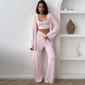 Pigiama in Seta di Latte Morbido e Delicato sulla Pelle per <span class=keywords><strong>Donne</strong></span>, Set da Notte in 3 Pezzi con Bordo Ondulato, Abbigliamento Casual per Casa - Product Image 1