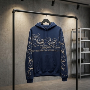 Sweat à capuche zippé doublé pour homme, coupe oversize, motif imprimé Jakis Christ the Ninth Veil Script, style streetwear gothique, bleu marine - Product Image 5