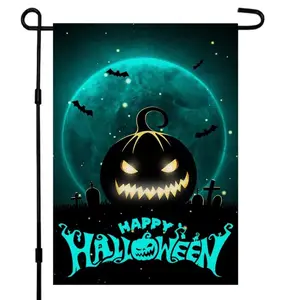 Grosir 100% poliester 12x18 inci kustom SELAMAT Halloween Goni dua sisi bendera taman hantu seram dekorasi luar ruangan