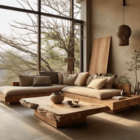 Nouveau design, best-seller : Ensemble de canapés modulables en L style Wabi Sabi, en coton et bois massif, pour hôtel, bureau, salle à manger et salon