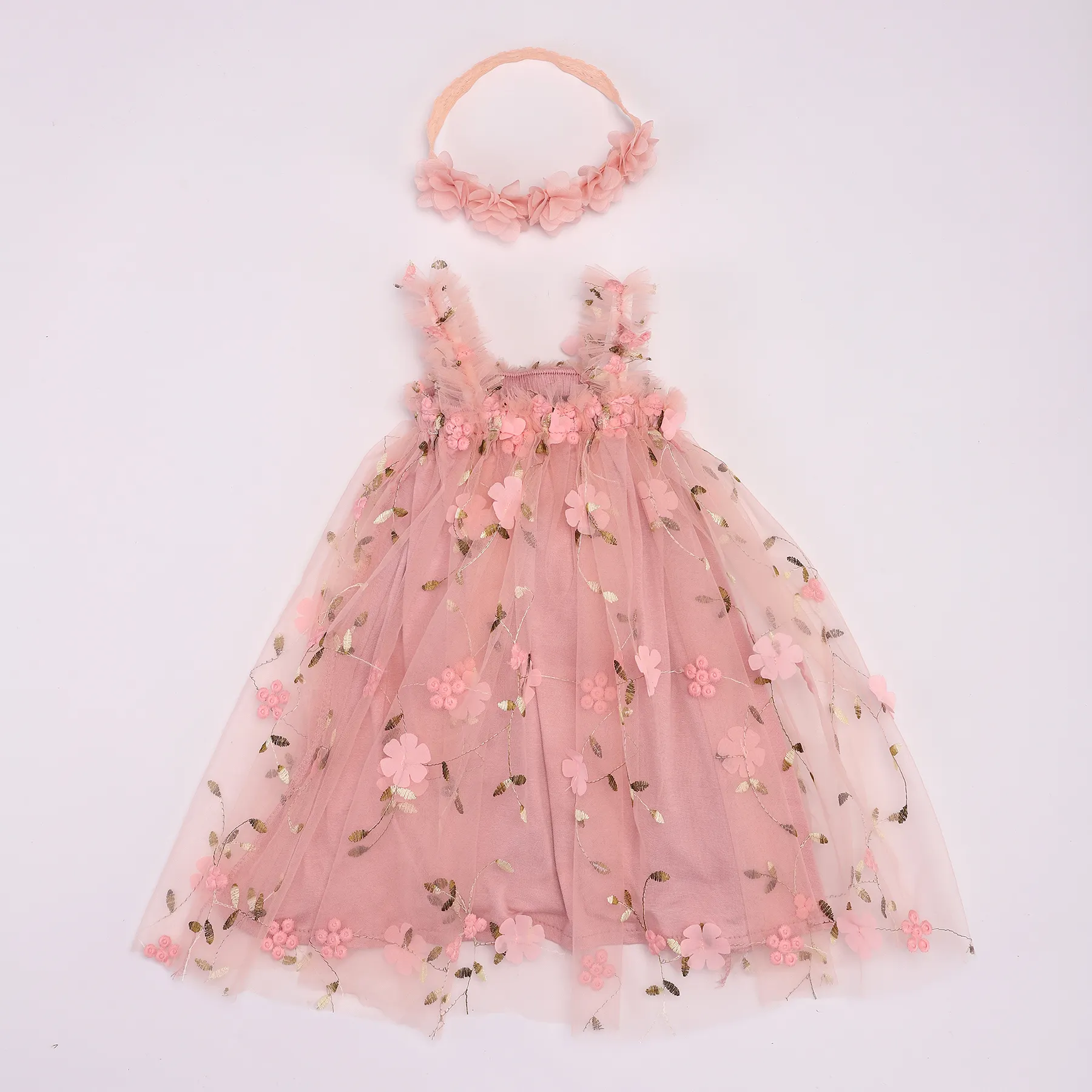 Vestido tutu sem mangas para bebês meninas, vestido de tule estampado floral com faixa de flores para cabeça, vestidos de princesa para meninas