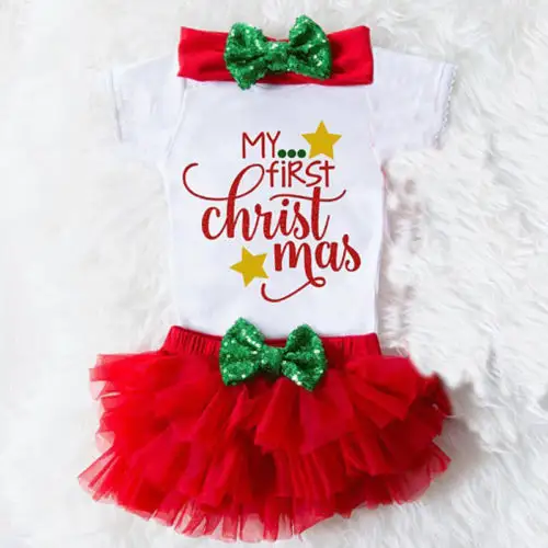 新生児の女の子クリスマスロンパース半袖コットンOネックボディスーツレターチュチュショーツ私の最初のクリスマス衣装コスチュームセットホット