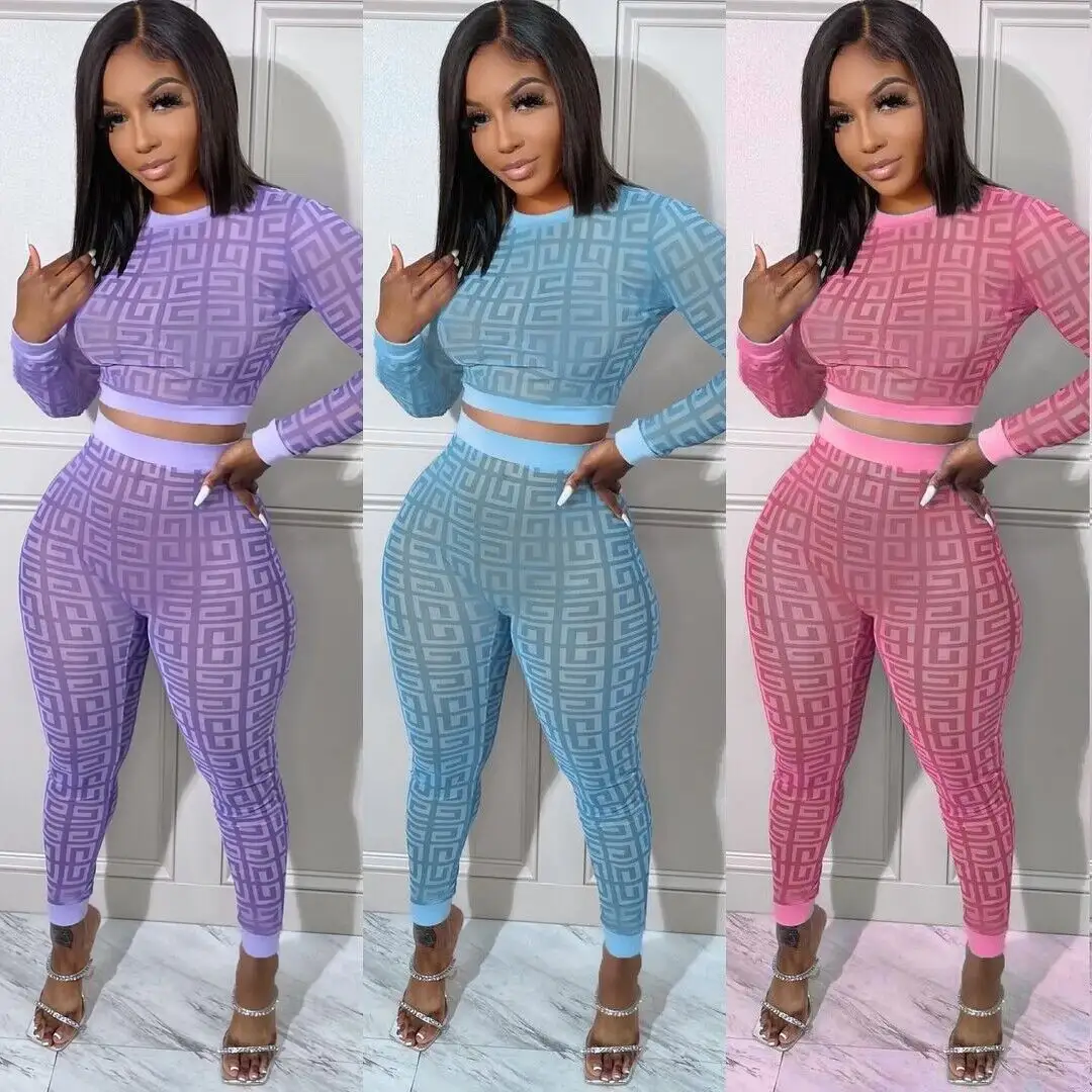 Think 2023 Sexy Two Piece Set Long Sleeve Crop Top Print Pencil Pants Women Y2k Clothing 2 Piece Set Leggings Matching Sets