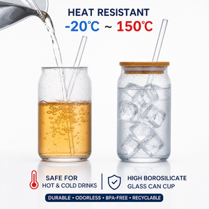 Vaso de vidrio de borosilicato OEM al por mayor con tapa de bambú y pajita, vaso personalizado con forma de lata de refresco para <span class=keywords><strong>caf</strong></span>é helado, zumo y bebidas - Product Image 2
