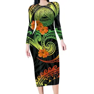 POD para 7XL vestido de las mujeres de manga larga con Samoa Americana Polinesia patrón de desgaste de trabajo Casual fiesta lápiz Bodycon vestido Midi