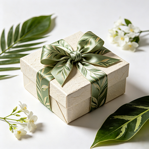 Lazo de Regalo Pre-Atado de Satén Color Verde Salvia con Estampado de Hojas, Lazo de Listón Listo para Usar para Bodas en la Selva, Ramos de Flores de Primavera, Decoración de Cajas de Regalo - Product Image 5