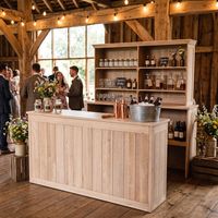 Comptoir de bar modulaire robuste en chêne, pliable et articulé, avec armoire arrière, idéal pour les événements, mariages de luxe, traiteurs et entreprises de location.