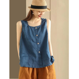Cotton Linen Sleeveless Tank Top Blue Summer Loose Fit Button Front Casual Top - Product Image 1