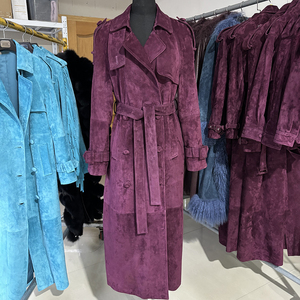 Abrigo Largo de Cuero <span class=keywords><strong>Azul</strong></span> de Moda para Mujer, Chaqueta Larga de Cuero Genuino con Doble Botonadura - Product Image 6