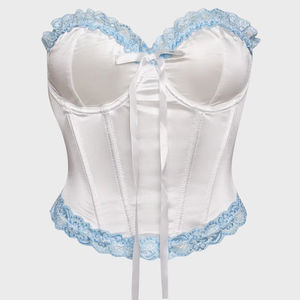 Top <span class=keywords><strong>bustier</strong></span> en satin blanc Deep Love avec bordure en <span class=keywords><strong>dentelle</strong></span> bleue Bretelles transparentes détachables et lingerie à nœud long - Product Image 1