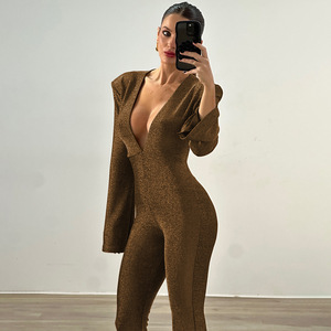 Combinaison moulante sexy à col en V profond et taille haute pour femme, tenue de club dos nu en polyester extensible, une pièce ajustée - Product Image 4