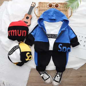 Baby Clothing Wholesale 2023 Fall Children Sports Suit Letter Patchwork Hooded Zipper Shirt Three Piece Set Kids Boys Clothes