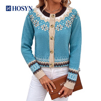 Damen Nordic Teal Blue Fair Isle Jacquard Cardigan, Kontrastbesatz Rundhals-Strickjacke mit Knopfleiste und Geripptem Saum, OEM/ODM